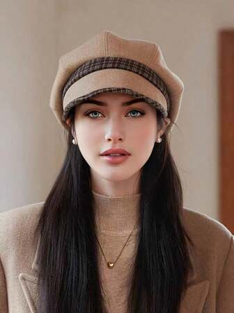 1pc Women's Solid Color Versatile Newsboy Cap, Waffle Octagonal Hat, Warm And Windproof Baseball Cap, Elegant And Stylish For Daily Wear, Autumn/Winter