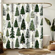 1 Christmas Tree Winter Simple Green And White Shower Curtain, Polyester Waterproof And Machine Washable, Suitable For Christmas Bathroom Or Shower Decoration, With 12 Hooks - Multicolor - View 1
