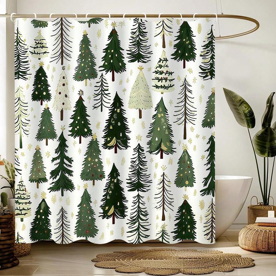 1 Christmas Tree Winter Simple Green And White Shower Curtain, Polyester Waterproof And Machine Washable, Suitable For Christmas Bathroom Or Shower Decoration, With 12 Hooks - Multicolor - View 1