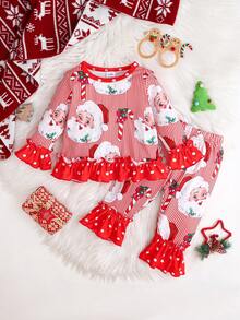 2pcs/Set Baby Girls Casual Christmas Santa Claus Polka Dot & Striped Pattern Soft Comfortable Flare Sleeve T-Shirt And Flare Pants Set - Red - View 1