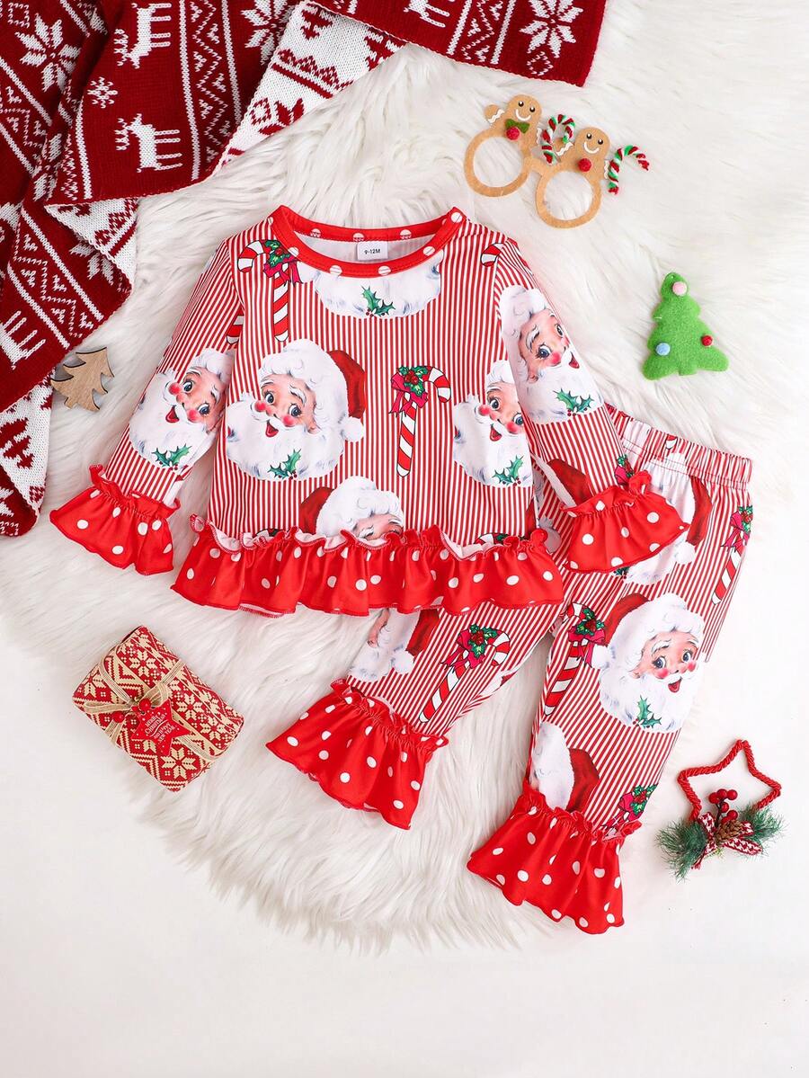 2pcs/Set Baby Girls Casual Christmas Santa Claus Polka Dot & Striped Pattern Soft Comfortable Flare Sleeve T-Shirt And Flare Pants Set - Red - View 1