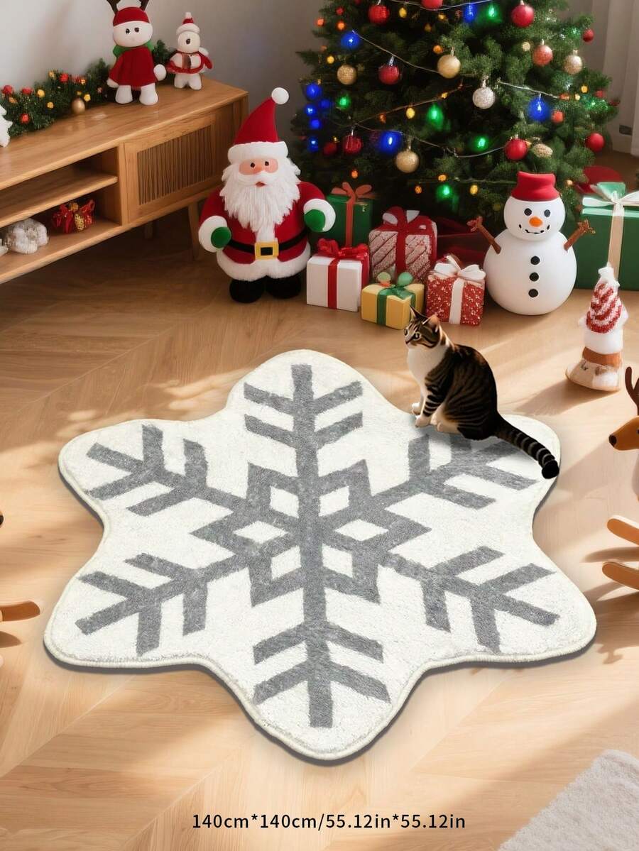 1 pieza Alfombra decorativa con forma de copo de nieve navideño, plegable, fácil de limpiar, lavable. Alfombra natural y cómoda, adecuada para dormitorio, estudio, sala de estar, decoración del hogar.