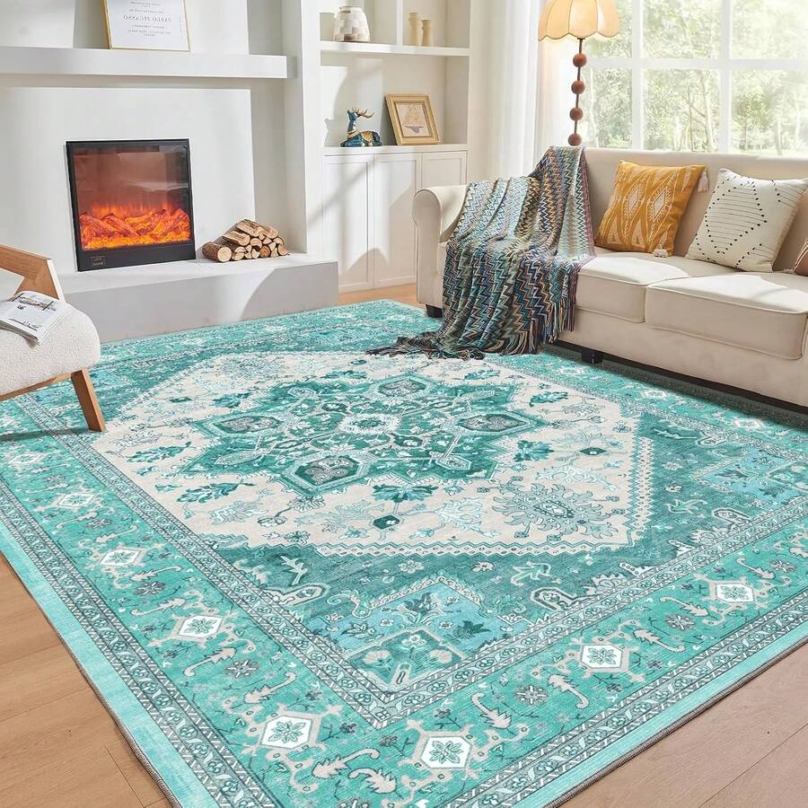 Soft Neutral Area Rugs 5x7, Washable Rug With Non Slip Backing, 5 X 7 Faux Cashmere Low-Pile Carpet, Cream White & Blue & Light Brown, 2025 Design - Teal - View 1