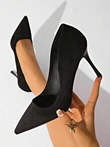 秋冬女士高端黑色绒面革8.5厘米细高跟尖头浅口性感派对夜店时尚婚礼通勤日常高跟鞋，优雅 - 黑色 - 查看 4