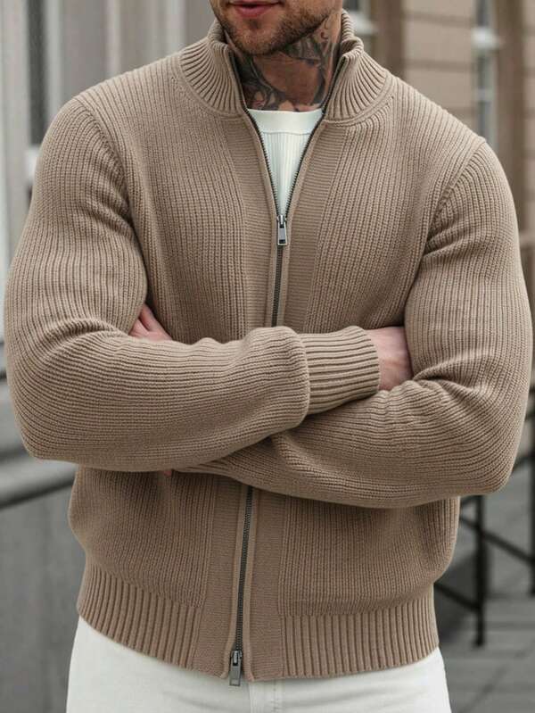 Herren Stehkragen Doppelreiher Langarm Strickjacke, vielseitig für den täglichen Gebrauch