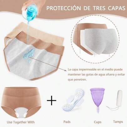Paquete de 3 Calzones Menstruales Flujo Abundante, Bragas Menstruales Mujer de Algodon para Peripa Cero Fugas, Ropa Interior Menstrual para Mujer Reutilizable Lavables