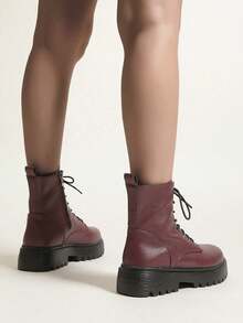 Women's Autumn/Winter New Burgundy Boots, Thick Heel, Round Toe, Lace-Up, Motorcycle Boots, Versatile, Stylish, Unisex, British Style Combat Ankle Boots - Burgundy - View 9