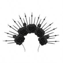 Halloween Halo Crown Gothic Black Roses Spiked Sun Headpiece Mexican Day Of The Dead Flower Goddess Headband For Women Halloween Cosplay Make Up Accessories