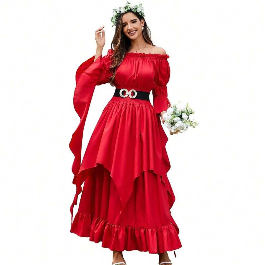 Renaissance Dress Women Victorian Medieval Gothic Witch Fairy Wedding Beige Off Shoulder Puff Sleeve Ruffle Dresses{"Color_name":"04-Wine","Size_name":"XX-Large/3X-Large"} - 04-葡萄酒 - 查看 1