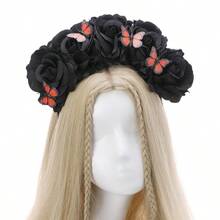 Mexican Black Rose Flower Crown Mexican Floral Headpiece Death Of The Day Dark Rose Flower Headband With Butterfly For Dia De Los Muertos Costume Halloween Festival Party Hair Accessories