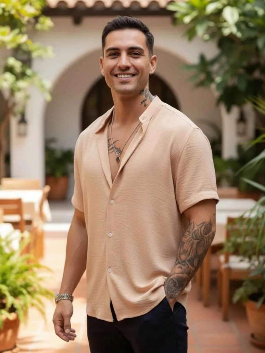 Men's Short Sleeve Shirt With Priest Collar Elegant Casual Party Work - Sampanye - View 1