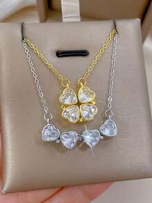 1 件心连心不锈钢项链，不褪色铜全水钻项链，女士三叶草百搭颈链，情侣礼物珠宝 - 項鍊 - 查看 7