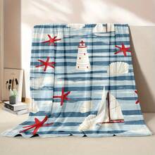 Nautische Seestern-, Segelboot- und Leuchtturm-gestreifte Flanelldecke – ultraweich, gemütliche Decke für Bett, Sofa, Stuhl, Camping, Büro & Geschenke – vielseitige Ganzjahresdecke mit nautischem Thema, nautische Wohnkultur |   Maritimes Design |   Weiche Textur, Stranddecke