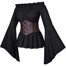 Womens Renaissance Victorian Peasant Ruffle Smocked Waist Boho Pirate Shirt Blouse With Belt Set{"Size_name":"X-Large","Color_name":"Black"} - Đen - Xem 1
