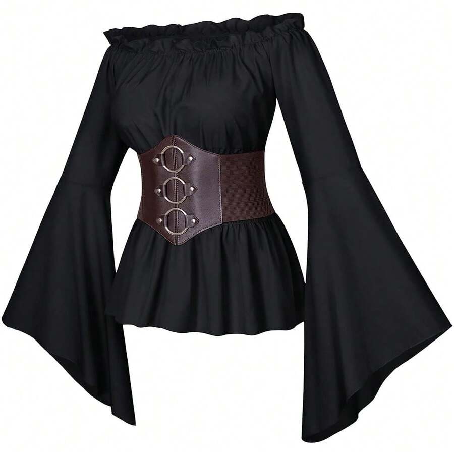 Womens Renaissance Victorian Peasant Ruffle Smocked Waist Boho Pirate Shirt Blouse With Belt Set{"Size_name":"X-Large","Color_name":"Black"} - Đen - Xem 1