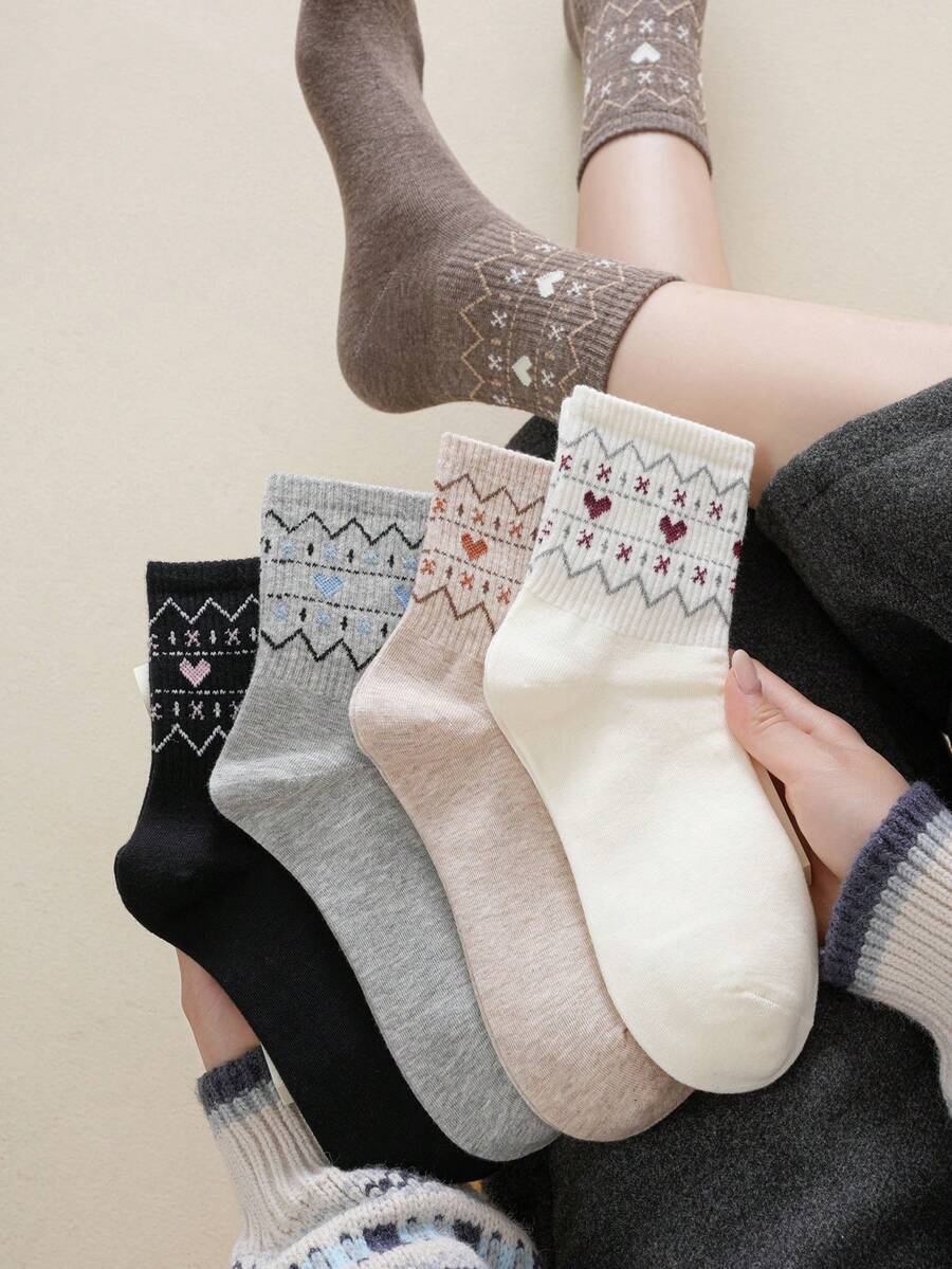5 Pairs Women's Socks, Fair Isle Style Mid-Calf Socks, British Style Socks, Student Socks, Casual Simple Versatile Student Socks, Suitable For Daily Casual, Sports, Home, Commuting, Gifts, Suitable For All Occasions And Festivals, All Seasons Christmas Gift - Multicolor - View 1