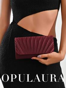 OpulAura 闪亮金属翻盖手拿包，奢华皮革晚宴包，闪亮正式手拿包，适合晚会、派对、婚礼、生日 - 适合正式礼服、伴娘、生日礼物 - 酒紅色 - 查看 8