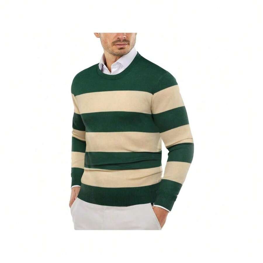Men's Crew Neck Sweater Slim Fit Lightweight Sweatshirts Knitted Pullover For Casual Or Dressy Wear - 綠色/杏色條紋 - 查看 1