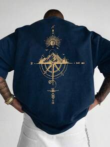 [Chemise à Graphique d'Aventure en Plein Air] Chemise à manches courtes pour hommes en 100% polyester, coupe ample, col rond casual, bleu marine avec boussole dorée et imprimé de montagne - Chemise à graphique d'aventure d'été en plein air, Top casual moderne | Facile à entretenir - Noir - Voir 12