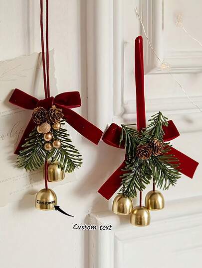 1pc Personalized Christmas Tree Bell Ornament, Metal Material Can Be Customized With Engraved Text, Bow, Pine Cone And Bell Decor, Christmas Party Decoration