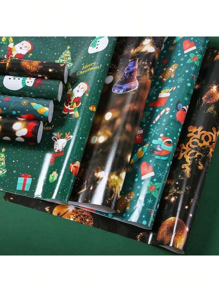3 件/5 件圣诞包装纸卷 - 圣诞老人、驯鹿、雪人和圣诞树图案，节日绿色和红色设计，带有“圣诞快乐”文字，耐用包装纸，鲜艳的印刷质量，派对用品，抗撕裂材料，适用于圣诞礼物、花卉礼物、节日装饰，颜色和款式随机 - 彩色 - 查看 7
