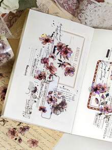 1 rolă bandă adezivă cu cerneală albă, decupată cu matriță PET, autocolante DIY pentru scrapbooking floral vintage, potrivite pentru cadouri, birou, casă, marcare, etichete, clasă, jucării, planificator pentru studenți, autocolante decorative vintage creative