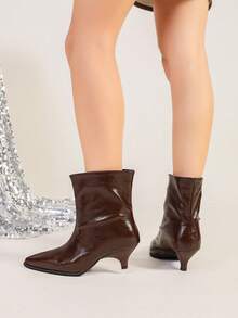Women's Brown Glossy Pointed Toe Kitten Heel Ankle Boots, Elegant Party & Casual Slip-On Ankle Boots, Versatile Fashion Footwear For Autumn - Rust Brown - View 5