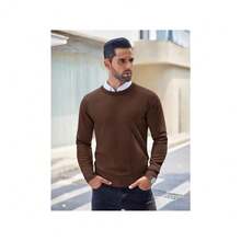 Men's Crew Neck Sweater Slim Fit Lightweight Sweatshirts Knitted Pullover For Casual Or Dressy Wear - 咖啡 - 查看 2