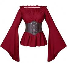 Womens Renaissance Victorian Peasant Ruffle Smocked Waist Boho Pirate Shirt Blouse With Belt Set{"Size_name":"3X-Large","Color_name":"Red"} - Red - View 4