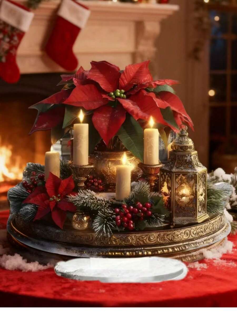 1 Stück elegante Acryl Weihnachtsmittelpunkt Dekoration - Feiertags Kerzenhalter Deko mit beleuchteter Kerze, Poinsettie und Beeren, goldene Akzente, geeignet für Zuhause und Büro, vielseitige Feiertags Dekoration