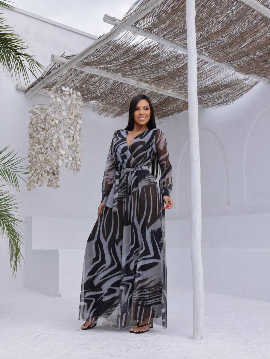 Printed Micro Tulle Long Sleeve Pantaloon Jumpsuit - 黑與白 - 查看 1
