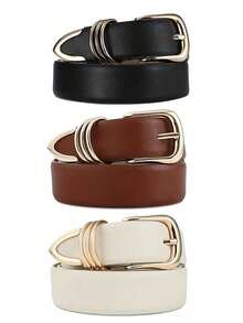 Bộ 3 chiếc thắt lưng giả da unisex với khóa hình bầu dục - Thắt lưng điều chỉnh được, phù hợp với quần jeans, quần tây và váy - Phụ kiện thời trang bền chắc, thích hợp cho trang phục thường ngày và đồ denim. - 3 chiếc đen + trắng + nâu - Xem 1