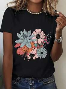 Playera de mujer cute femenina estilo campestre artístico estampado floral y de plantas corte holgado cuello redondo manga corta primavera verano para uso casual y oficina - Negro - Ver 1