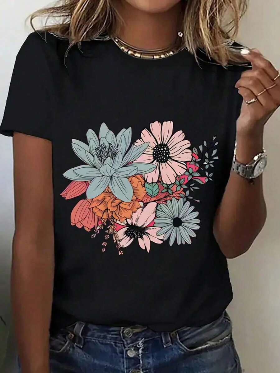 Playera de mujer cute femenina estilo campestre artístico estampado floral y de plantas corte holgado cuello redondo manga corta primavera verano para uso casual y oficina - Negro - Ver 1