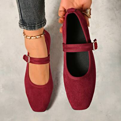 2025 Zapatos de ballet de punta cuadrada para mujer de talla grande, bailarinas Mary Jane con suela blanda, moda con correa, zapatos cómodos y versátiles de ante con hebilla