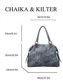 CHAIKA & KILTER 1 chiếc Túi đeo vai bằng vải PU trơn màu, Túi tote cổ điển thường ngày cho nữ, Túi đựng sách cho sinh viên đại học, Trang trí bằng đường khâu và đinh tán, Thiết kế quai xách đôi, Khóa kéo, Thích hợp cho việc mua sắm hàng ngày - Màu xanh lam - Xem 3