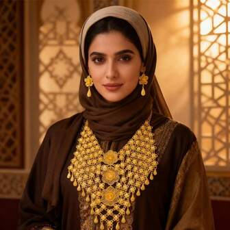 1 Set de joyería con flores de metal multicapa y borlas, conjunto de collar y aretes populares en Oriente Medio, adecuado para uso diario y de fiesta de mujeres