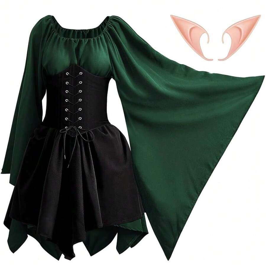 Coume Women Renaissance Costume Traditional Irish Dress Fairy Medieval Ears For Halloween Cosplay Party(Small,Green, Black){"Color_name":"Green","Size_name":"Black"} - 綠色 - 查看 1