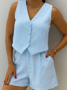 Women's Formal Set With Lined Button Vest And Tailored Shorts - Baby Blue - View 2