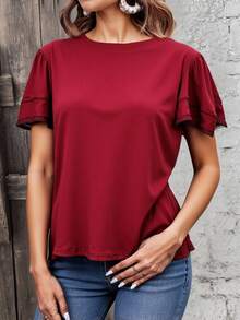 Blusa dama mujer lisa cuello redondo mangas cortas doble vuelo detalle borde relajado suave sedoso ligera cómoda fresca moderna elegante versátil femenina trabajo paseo cita reunión evento de día primavera verano estilo sofisticado casual - Naranja Quemada - Ver 1