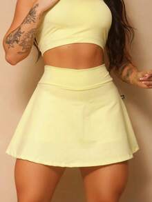 Women's Suplex Polyester Gym Flared Skirt Shorts - Yellow - View 1