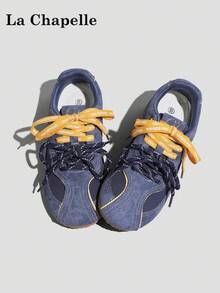 1 Pair La Chapelle Women's Thick Sole Lace-Up Soft Bottom Casual Shoes, Low-Top Outdoor Flat Shoes, Round Toe Low Heel Solid Color Elegant Soft Bottom Hiking Shoes Suitable For Students Taking Graduation Photos, Women Low-Top Leather Sports Skateboard Shoes - Blue - View 3