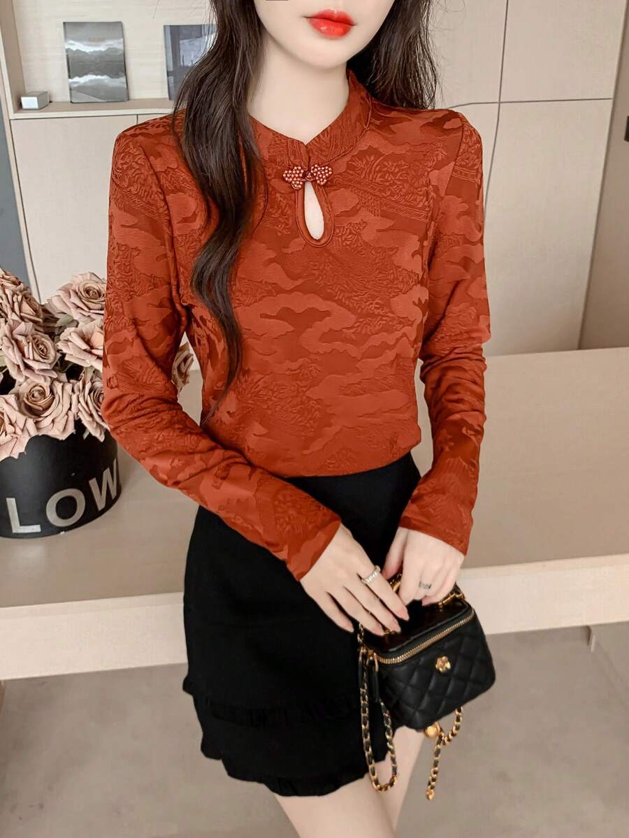 Chinese-Style Layered Top, Women's Jacquard Long-Sleeved T-Shirt, Frog Button Slim-Fit Base Layer, Elegant Basic Shirt For Autumn And Winter. - Burgundy - View 1