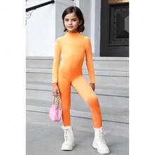 YgneeDom Kids Girls One Piece Spandex Unitards, Long Sleeve Turtleneck Unitard, Full Body Catsuit, Dance Leotard Costumes{"Color_name":"Orange","Size_name":"Small"} - 橘子 - 查看 5