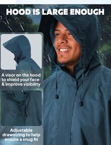 Poncho de lluvia impermeable Anyoo para adultos, ligero, reutilizable, para senderismo, chaqueta con capucha para actividades al aire libre - Negro - Ver 6