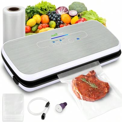 Nutrichef Selladora al Vacío Sistema Automático, Kit de Inicio, Diseño Compacto, Probado en Laboratorio, Modos de Alimentos Secos y Húmedos, Acero