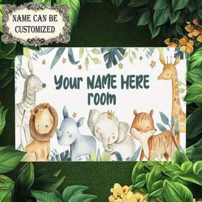 1pc Personalized Vintage Metal Sign - Custom Name Room Decor With Cute Animal Illustrations, 8"X12" Iron Wall Art For Youngsters' Room, Jungle Theme Home Decoration, Jungle Theme Decor|Playful Animal Design|Durable Iron Sign,  Room Decor