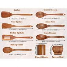 Juego de 7 utensilios de cocina de madera - Incluye cuchara, espátula, cucharón - Herramientas de cocina, adecuadas para reuniones familiares y fiestas, hechas de madera de teca, de alta gama, de buena calidad