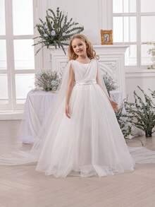 Đầm dạ hội trắng voan đính sequin và nơ cho bé gái, kiểu công chúa thanh lịch, phù hợp cho tiệc sinh nhật, dạ hội, đám cưới, lễ tốt nghiệp. - trắng - Xem 5