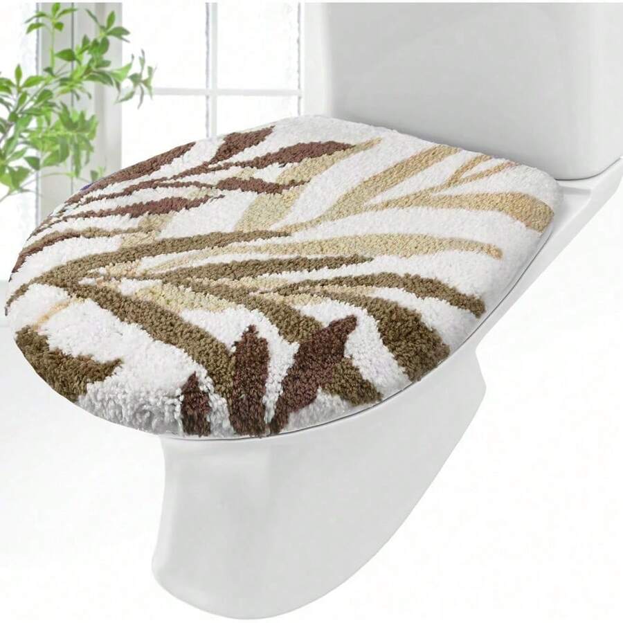 Green Leaves Bathroom Toilet Lid Cover Soft Microfiber 17.5'' X 15'' Plush Solid Tufted Toilet Seat Machine Washable Adjustable Rubber Backing Cover Fits Most Round, Elongated And Oblong Lids-WillowSheen - 棕色 - 查看 1